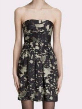 Theory 100% Silk Strapless Black and Olive Print Dress